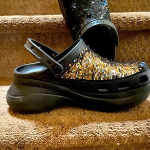 Size 11 black/gold sequins platform crocs